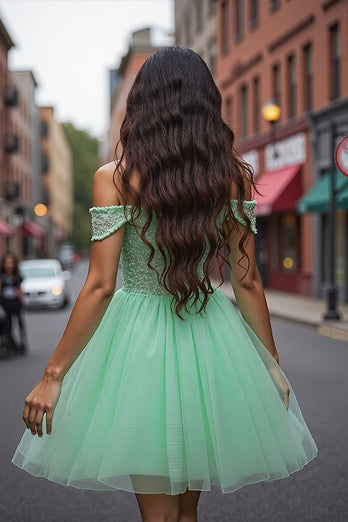 Sparkly Mint Green Tulle Short Corset Homecoming Dress with Beading