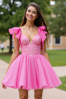 Load image into Gallery viewer, Sparkly Pink Corset Short Tulle Homecoming Dress with Beading
