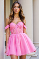Load image into Gallery viewer, Pink Corset Tulle Short Ruffled Homecoming Dress with Lace