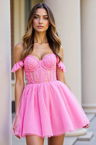Pink Corset Tulle Short Ruffled Homecoming Dress with Lace