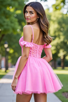 Pink Corset Tulle Short Ruffled Homecoming Dress with Lace