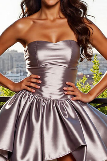 Silver A Line Strapless Metallic Short Homecoming Dress