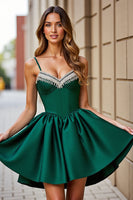 Load image into Gallery viewer, Sparkly Dark Green Satin Short Corset Homecoming Dress with Rhinestones