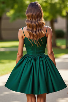 Sparkly Dark Green Satin Short Corset Homecoming Dress with Rhinestones