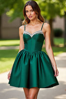 Load image into Gallery viewer, Sparkly Dark Green Satin Short Corset Homecoming Dress with Rhinestones