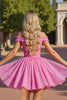 Load image into Gallery viewer, Pink Cold Shoulder Short Corset Homecoming Dress with Lace