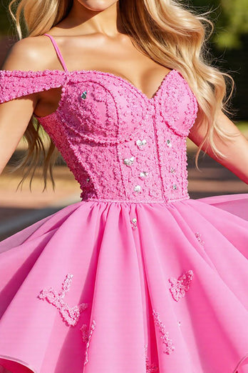 Pink Cold Shoulder Short Corset Homecoming Dress with Lace