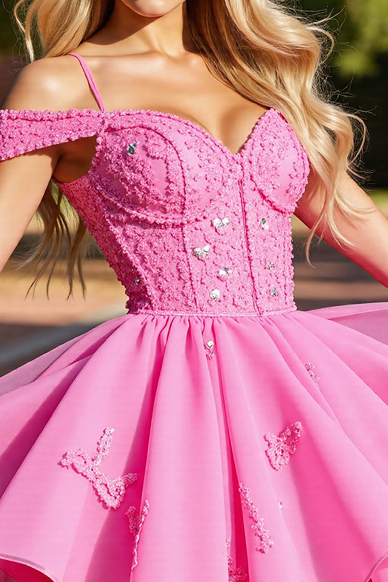 Load image into Gallery viewer, Pink Cold Shoulder Short Corset Homecoming Dress with Lace