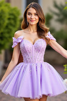 Load image into Gallery viewer, Lavender Tulle Short Corset Homecoming Dress with Bows