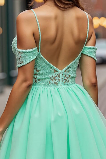 Mint Green A Line Backless Short Tulle Homecoming Dress with Lace