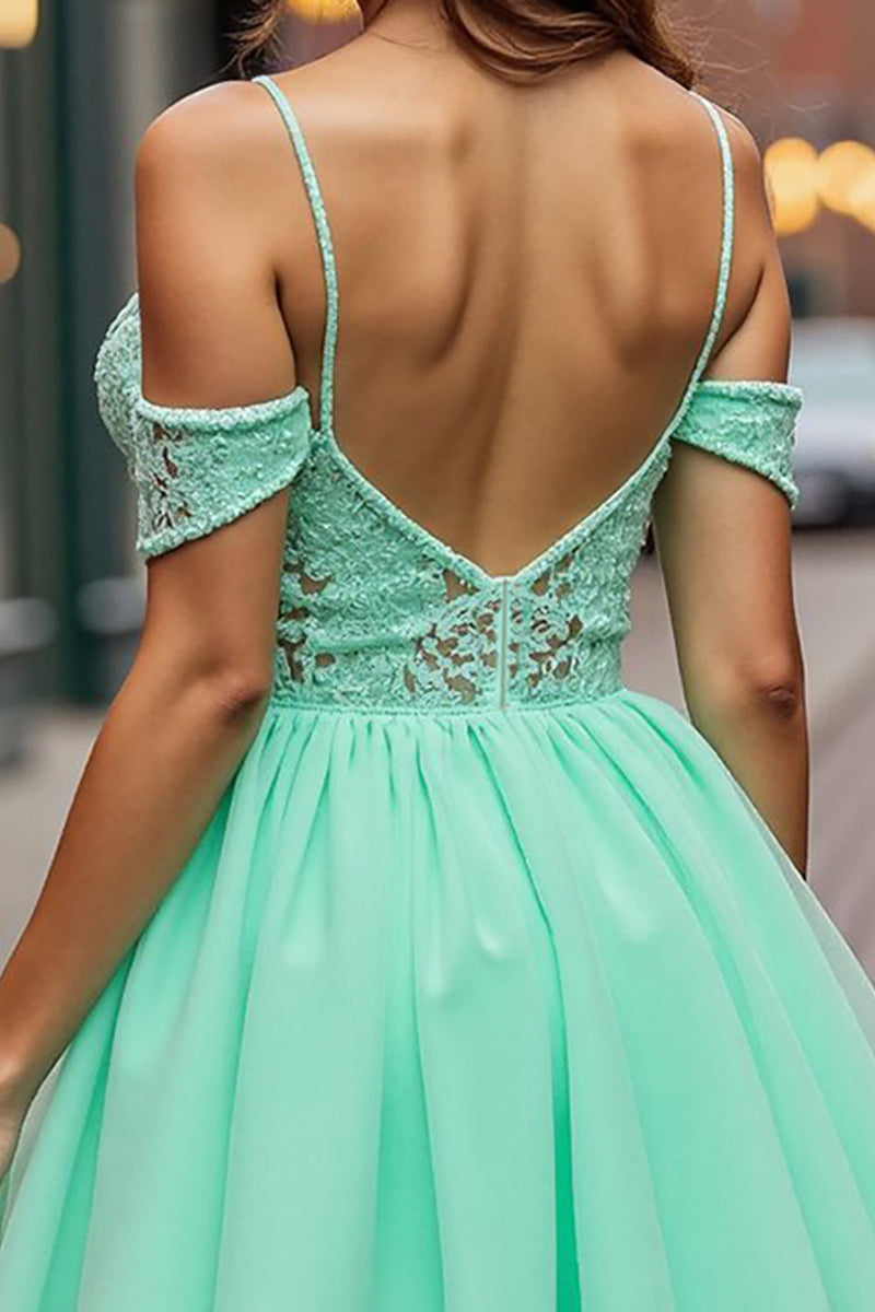 Load image into Gallery viewer, Mint Green A Line Backless Short Tulle Homecoming Dress with Lace