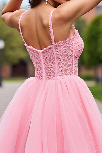 Blush Corset Detachable Sleeves Short Tulle Homecoming Dress with Lace