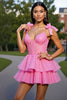 Load image into Gallery viewer, Glitter Pink Tiered Short Corset Homecoming Dress with Lace