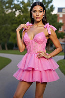 Load image into Gallery viewer, Glitter Pink Tiered Short Corset Homecoming Dress with Lace
