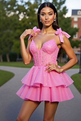 Glitter Pink Tiered Short Corset Homecoming Dress with Lace