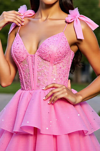 Glitter Pink Tiered Short Corset Homecoming Dress with Lace