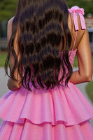 Load image into Gallery viewer, Glitter Pink Tiered Short Corset Homecoming Dress with Lace