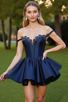 Load image into Gallery viewer, Navy Corset A Line Short Satin Homecoming Dress