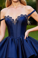 Load image into Gallery viewer, Navy Corset A Line Short Satin Homecoming Dress