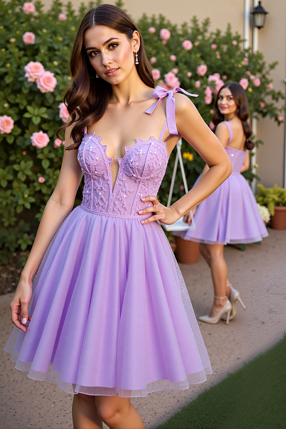 Floral Lavender Tulle Short Corset Homecoming Dress with Lace