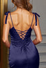 Load image into Gallery viewer, Navy Bodycon Keyhole Short Satin Homecoming Dress