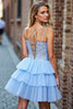 Load image into Gallery viewer, Sky Blue Tulle Corset Tiered Short Homecoming Dress with Lace