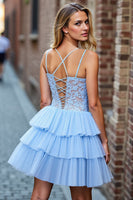 Load image into Gallery viewer, Sky Blue Tulle Corset Tiered Short Homecoming Dress with Lace