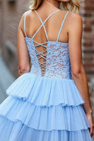 Load image into Gallery viewer, Sky Blue Tulle Corset Tiered Short Homecoming Dress with Lace