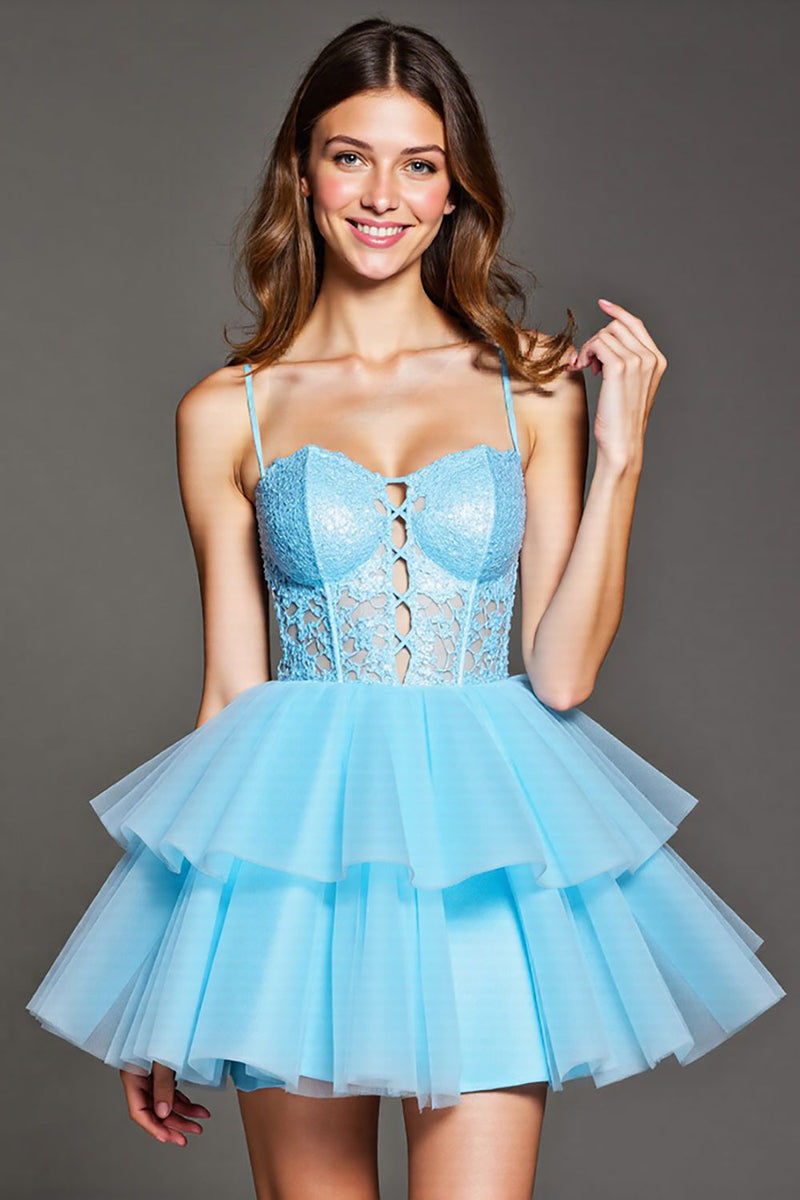 Load image into Gallery viewer, Sky Blue Tulle Short Corset Homecoming Dress with Lace
