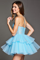 Load image into Gallery viewer, Sky Blue Tulle Short Corset Homecoming Dress with Lace