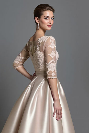 Blush Satin A Line Midi Mother of the Bride Dress with Sleeves