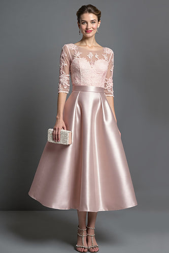 Blush Satin A Line Midi Mother of the Bride Dress with Sleeves