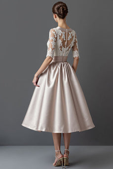 Apricot Satin A Line Midi Mother of the Bride Dress with Lace