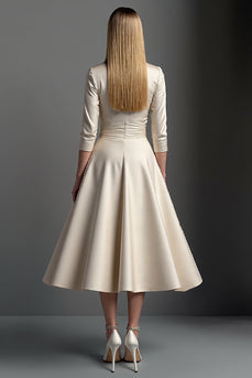 Apricot A Line V-Neck Midi Satin Mother of the Bride Dress with Sleeves