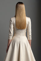 Load image into Gallery viewer, Apricot A Line V-Neck Midi Satin Mother of the Bride Dress with Sleeves