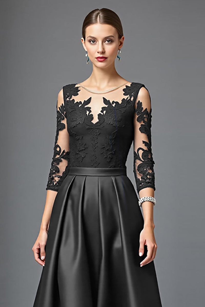 Load image into Gallery viewer, Navy Satin A Line High Low Mother of the Bride Dress with Lace