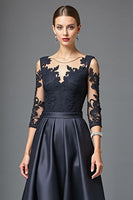 Load image into Gallery viewer, Navy Satin A Line High Low Mother of the Bride Dress with Lace