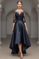 Load image into Gallery viewer, Navy Satin A Line Long Mother of the Bride Dress with Lace