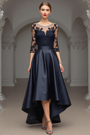 Navy Satin A Line Long Mother of the Bride Dress with Lace