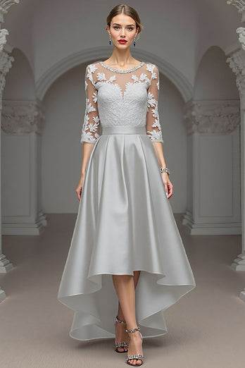 Navy Satin A Line Long Mother of the Bride Dress with Lace