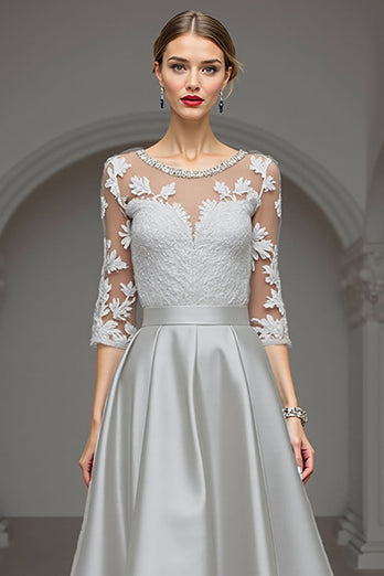 Navy Satin A Line Long Mother of the Bride Dress with Lace