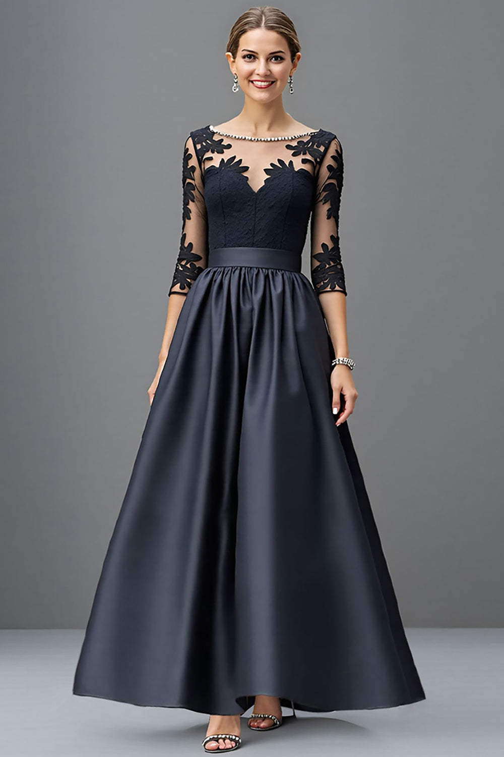 Navy Satin A Line Long Sleeves Mother of the Bride Dress with Lace