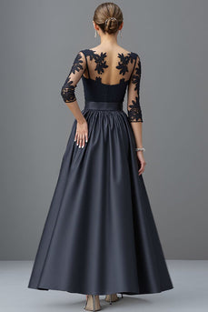 Navy Satin A Line Long Sleeves Mother of the Bride Dress with Lace