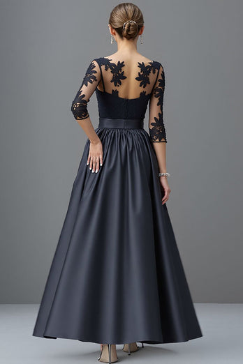 Navy Satin A Line Long Sleeves Mother of the Bride Dress with Lace