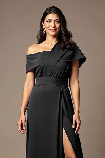 Navy Satin Sheath Long Mother of the Bride Dress with Slit