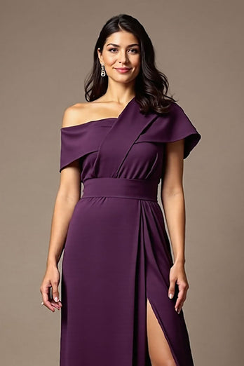 Navy Satin Sheath Long Mother of the Bride Dress with Slit