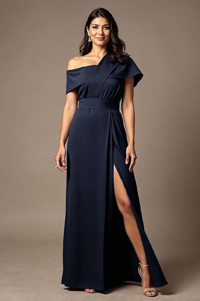 Navy Satin Sheath Long Mother of the Bride Dress with Slit