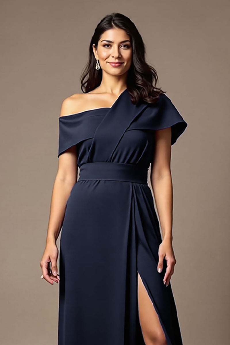 Load image into Gallery viewer, Navy Satin Sheath Long Mother of the Bride Dress with Slit