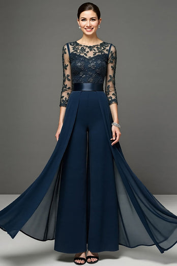 Navy Chiffon Long Mother of the Bride Pantsuits with Appliques