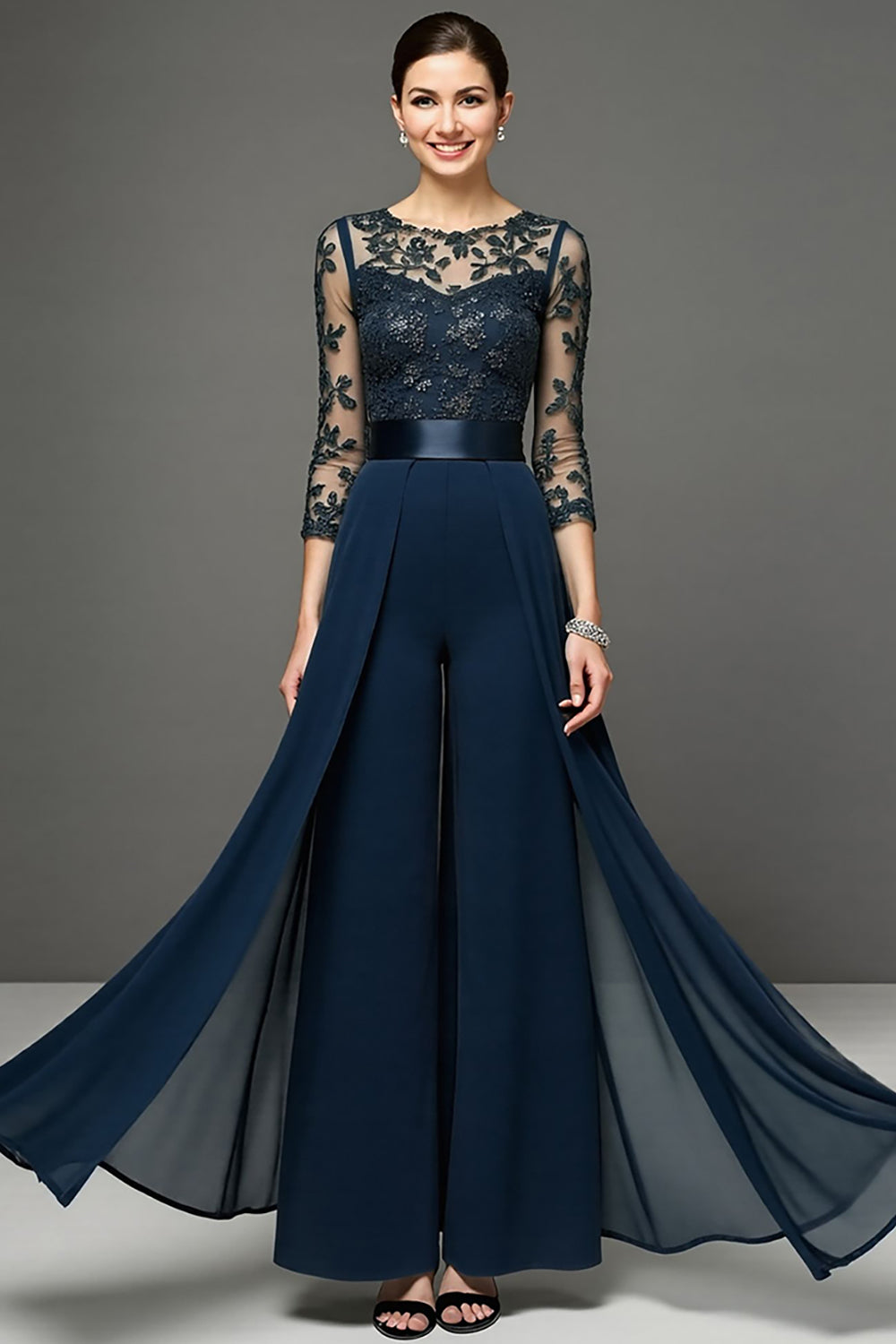 Navy Chiffon Long Mother of the Bride Pantsuits with Appliques